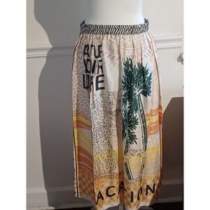 Me 369 Womens Midi Skirt Tropical Vacation‎ Print Orange Tan Green Black Sz Xs-S
